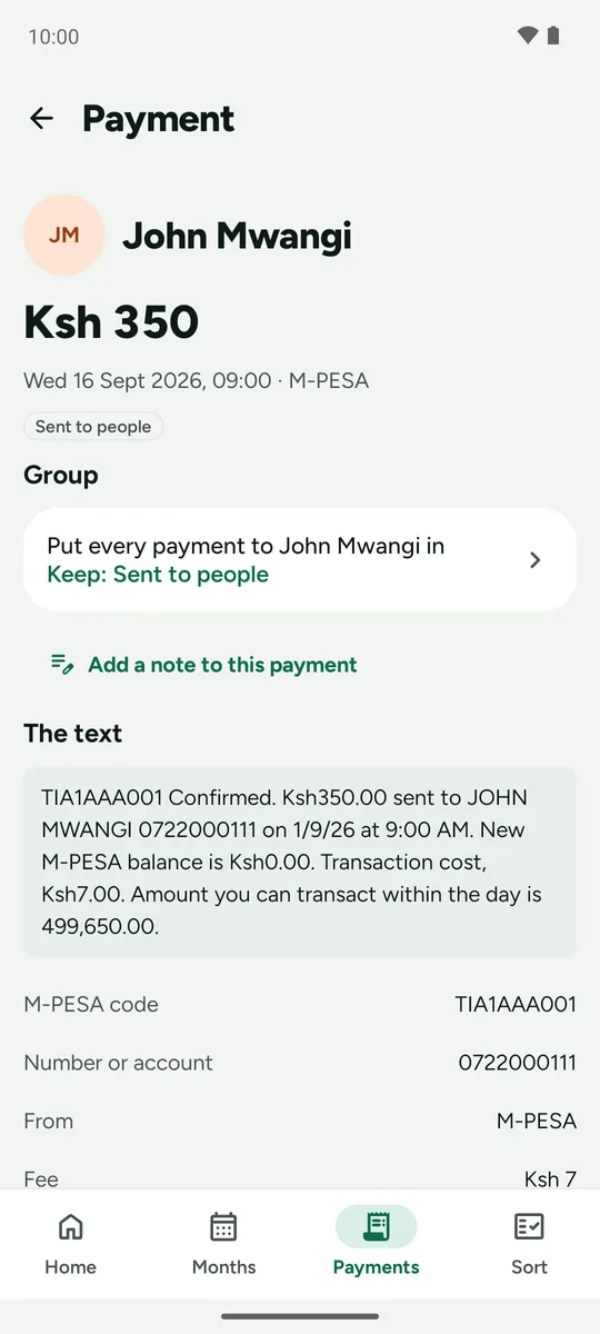 One payment with the text it came from.